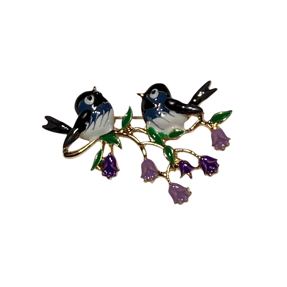 Vintage style Enamel Bird Brooch Gold Tone Blue Songbirds Purple Flowers Pin